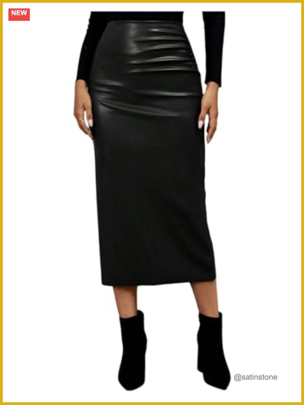 Faux Leather Slit Maxi Skirt Ruched Side High Waist Pencil Skirt